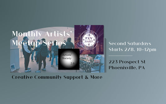 A group of artists meet in a bright gallery in Phoenixville as part of the monthly creative meetup.
