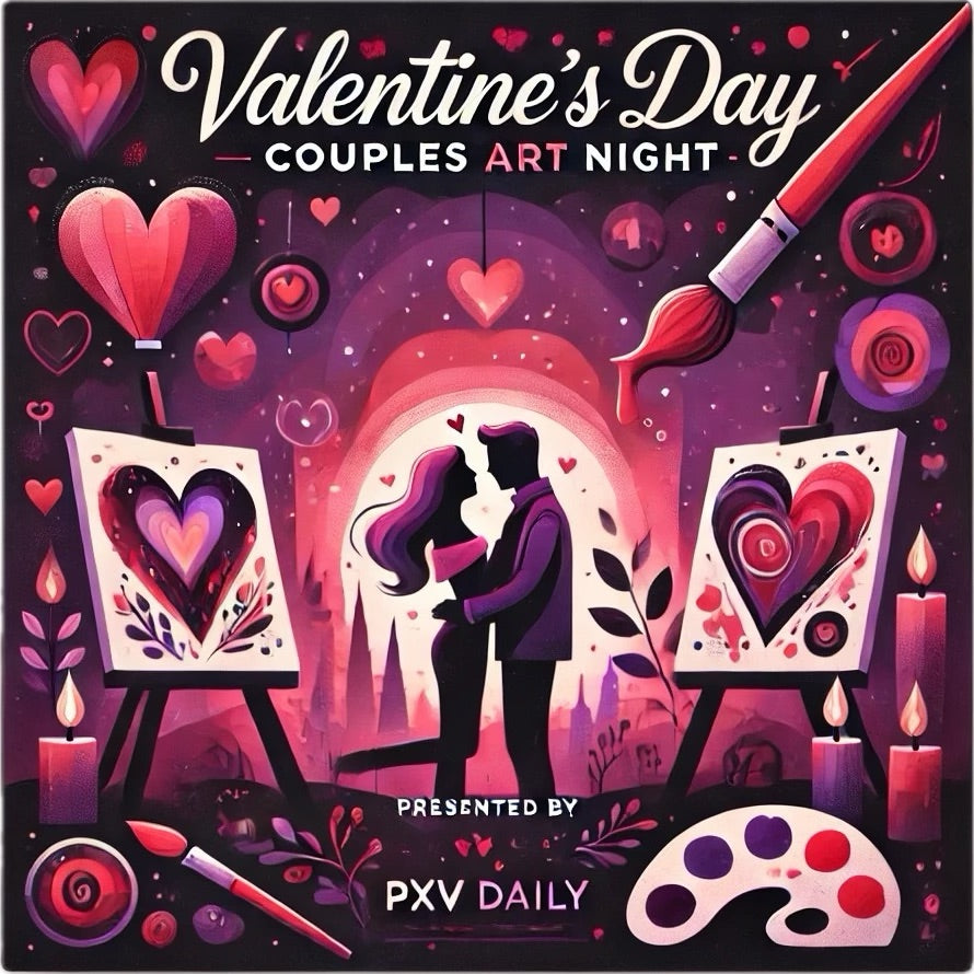 A couple's silhouette appears in a romantically designed purple, red, and white design for a couples art night.