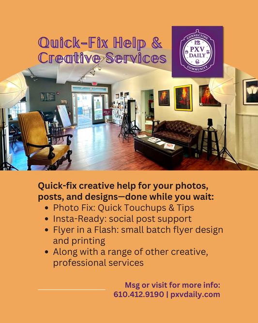 Quick-Fix Help and Creative Services heading over a shop image and orange background.
